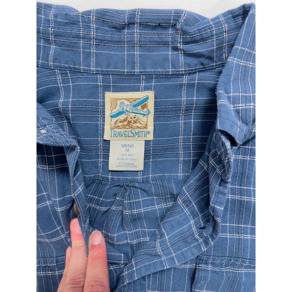 TravelSmith Mens Medium 100% Silk Plaid Button Front Shirt Blue Long Sleeve M - Picture 2 of 3